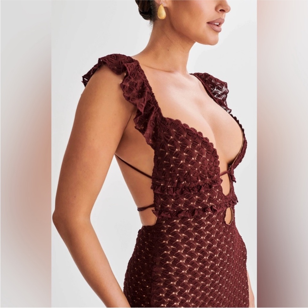 New Meshki Ezra Crochet Plunge Cutout Backless Maxi Dress NWOT